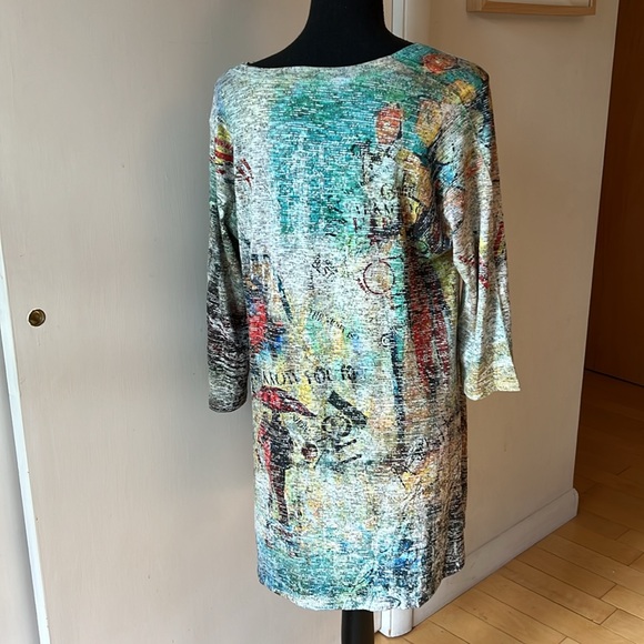Inoah Wearable Art round neck 3/4 sleeve high-low hem hip length tunic shirt L - Picture 2 of 4
